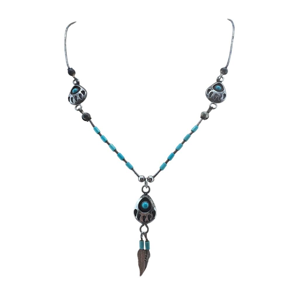 Vintage Sterling Silver Southwestern Turquoise Bear Paw Necklace